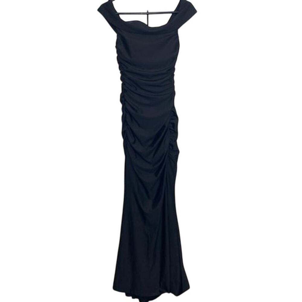 Windsor Off‑Shoulder Black Column Dress • 29” Slit • Size Small